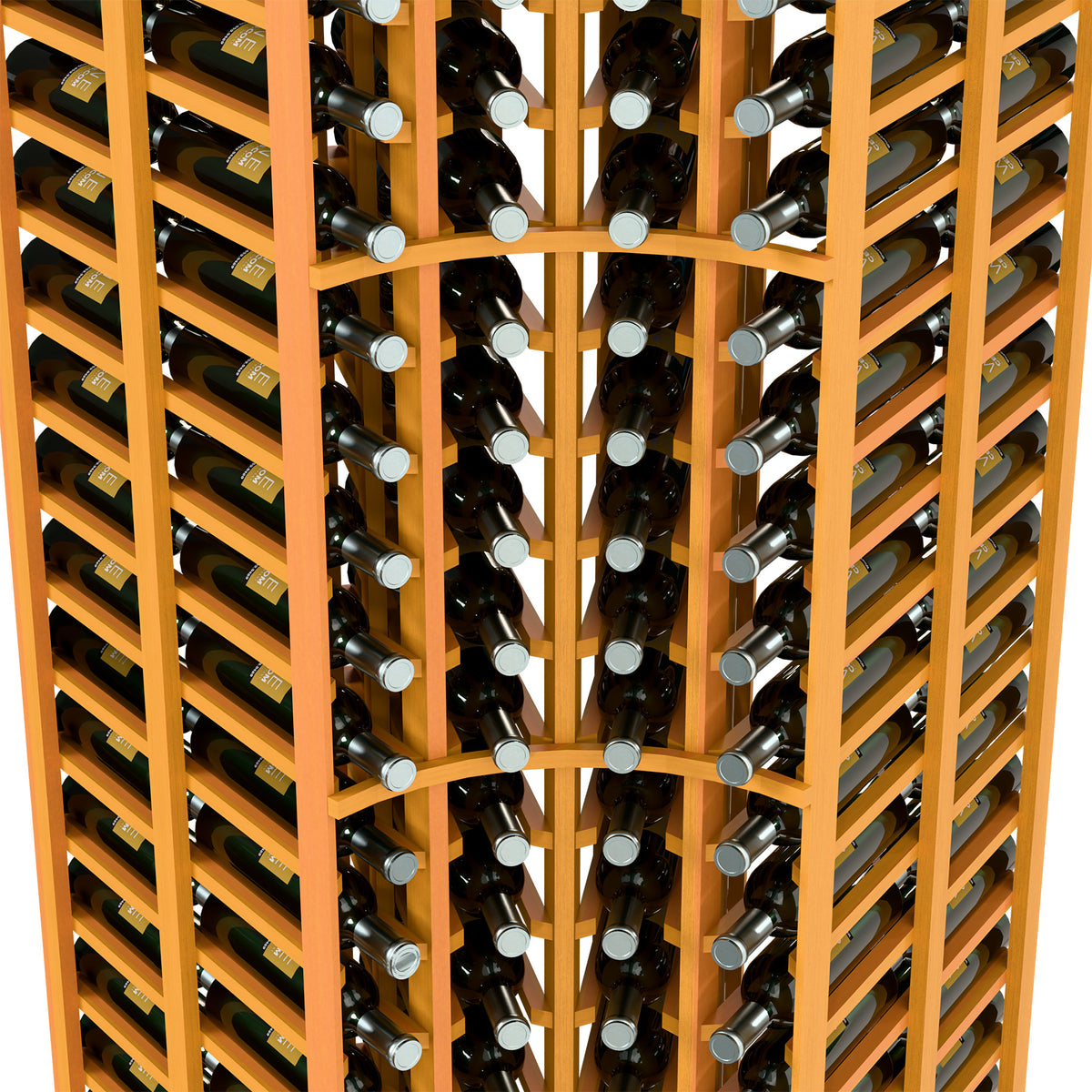 Curved corner wine bottle rack close-up, orange-tan wood grid holding wine bottles