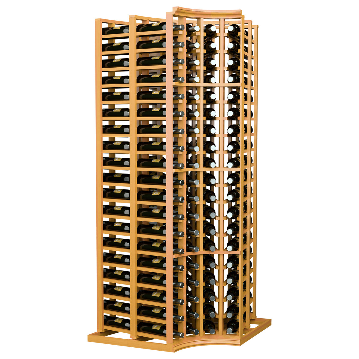 4-column curved corner wine bottle rack with honey wood frame, double-deep bottle slots