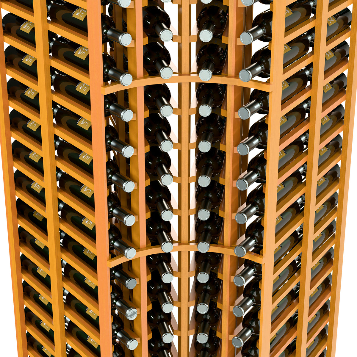 Curved corner wine bottle rack close-up, honey-orange wood grid with wine bottles