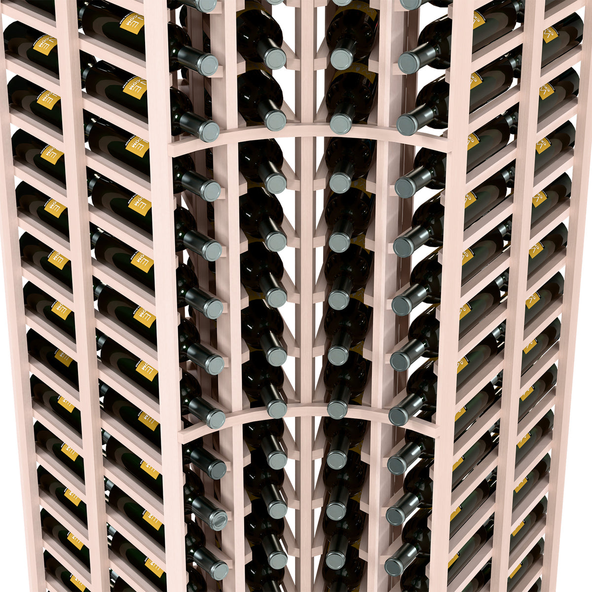 Curved corner wine bottle rack close-up, white frame grid holding wine bottles