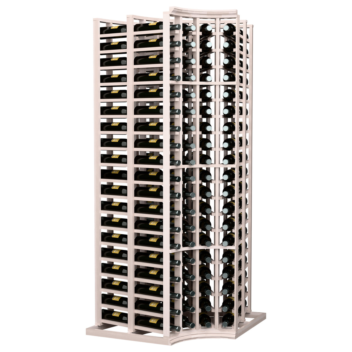 4-column curved corner wine bottle rack with pale wood frame, double-deep bottle slots