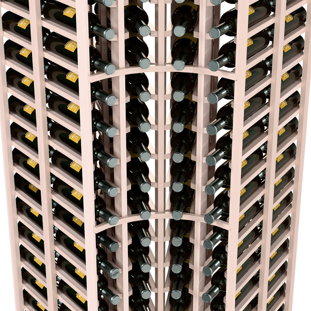 Curved corner wine bottle rack close-up, pale wood grid holding wine bottles