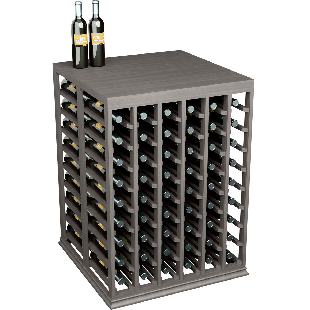 Gray double wine tasting table with solid top, open sides, and bottle storage racks