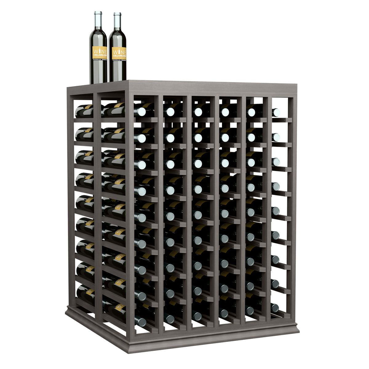 Light gray double wine tasting table with solid top and open bottle storage racks