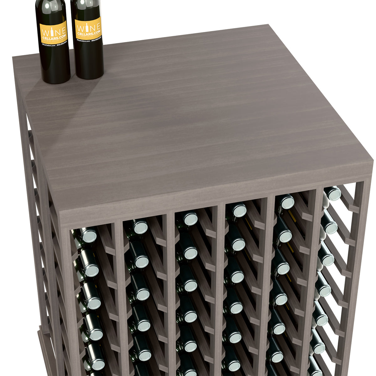 Gray wine tasting table with solid top and front bottle holders in staggered rows