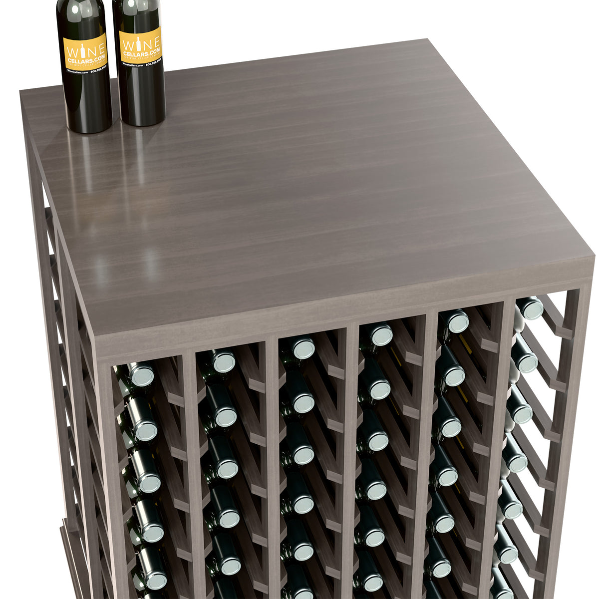 Light gray wine tasting table with solid top and open front rows of bottle holders