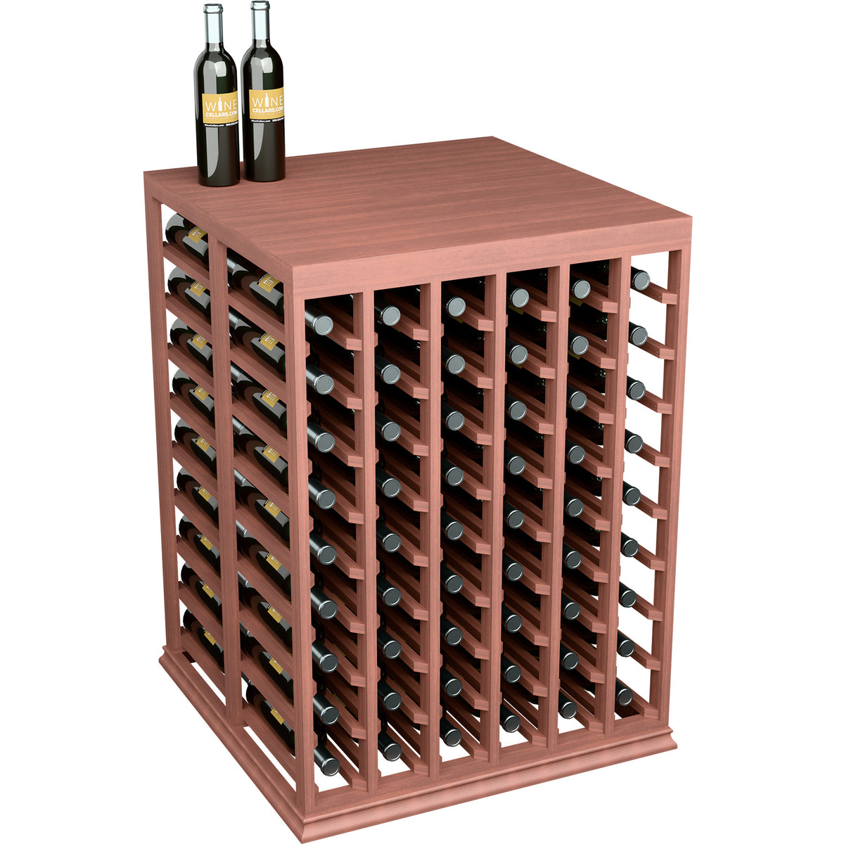 Red wood double wine tasting table with solid top and front bottle storage rack