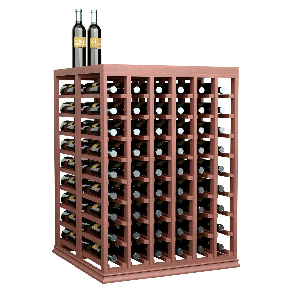 Brown double wine tasting table with solid top and open front bottle storage racks