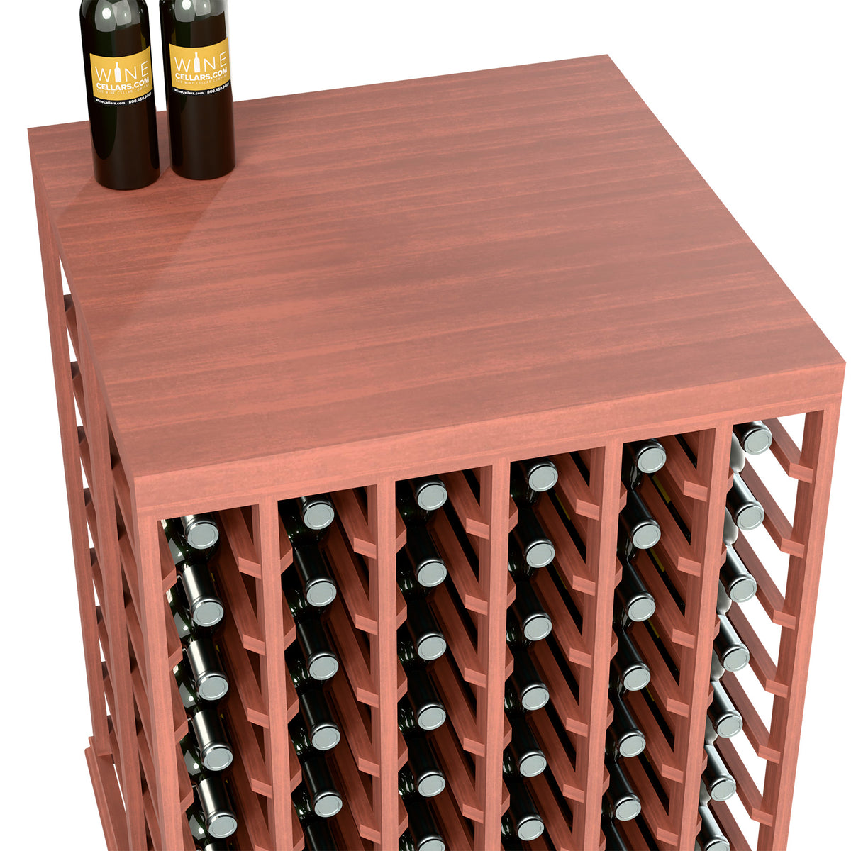 Brown wine tasting table with solid top and open front rows of bottle holders