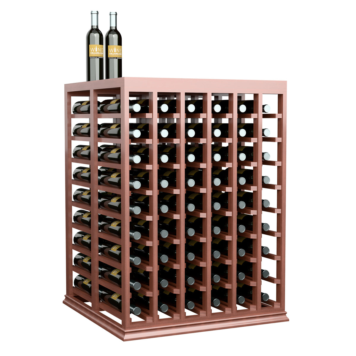 Dark wood double deep wine tasting table with solid top, half-height rack holding bottles