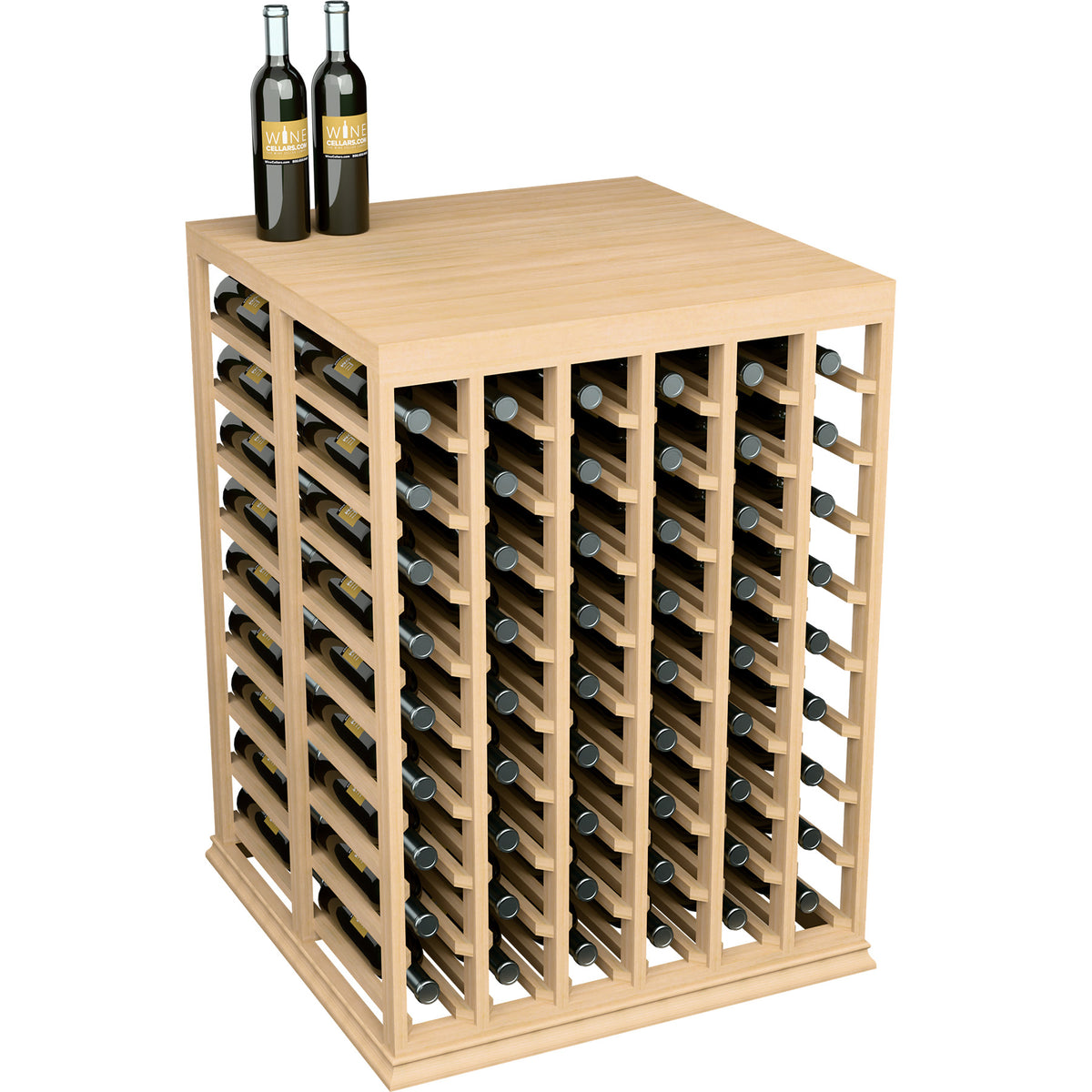 Light wood double deep wine tasting table with solid top, half-height bottle rack