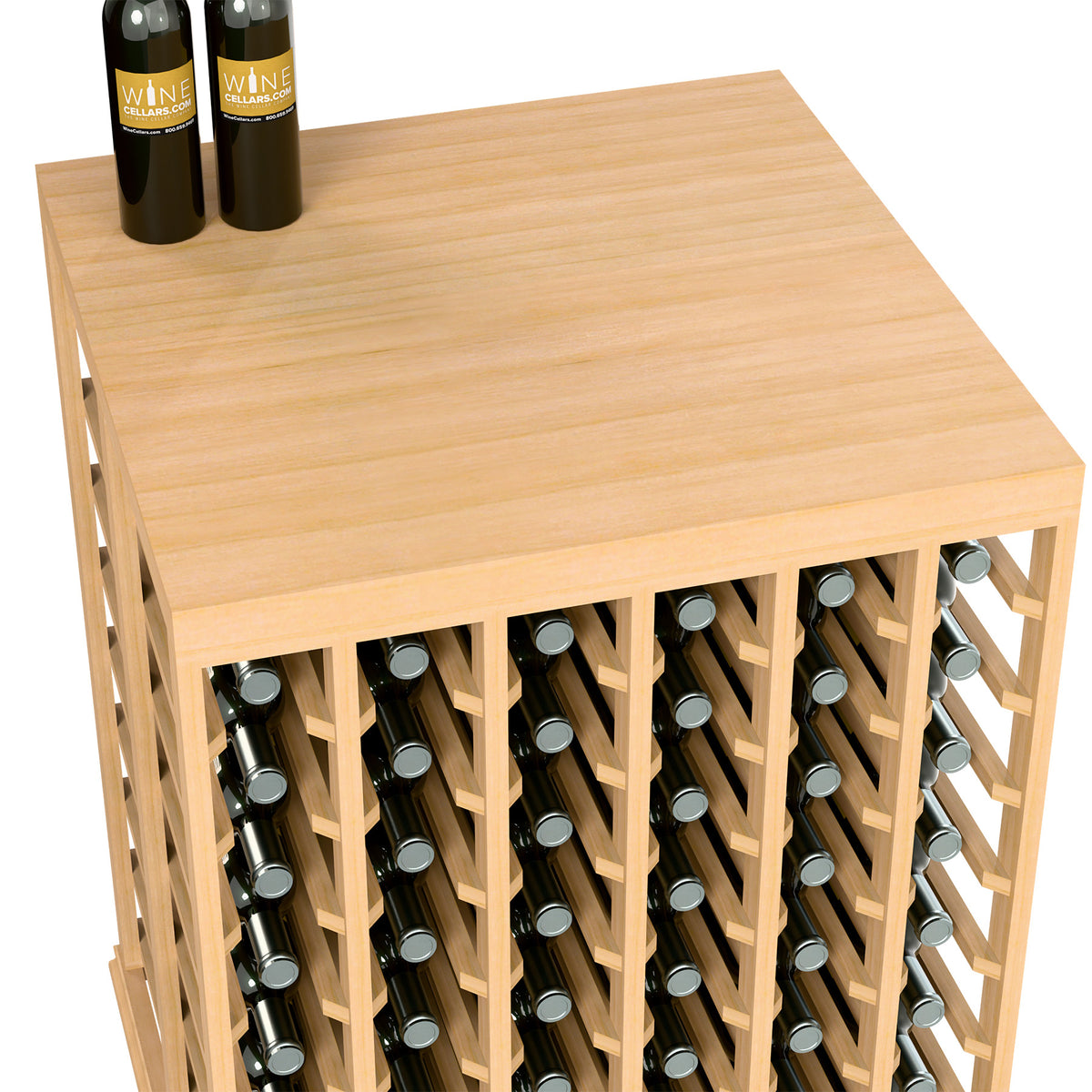 Light wood wine tasting table with solid top and half-height bottle rack, side view