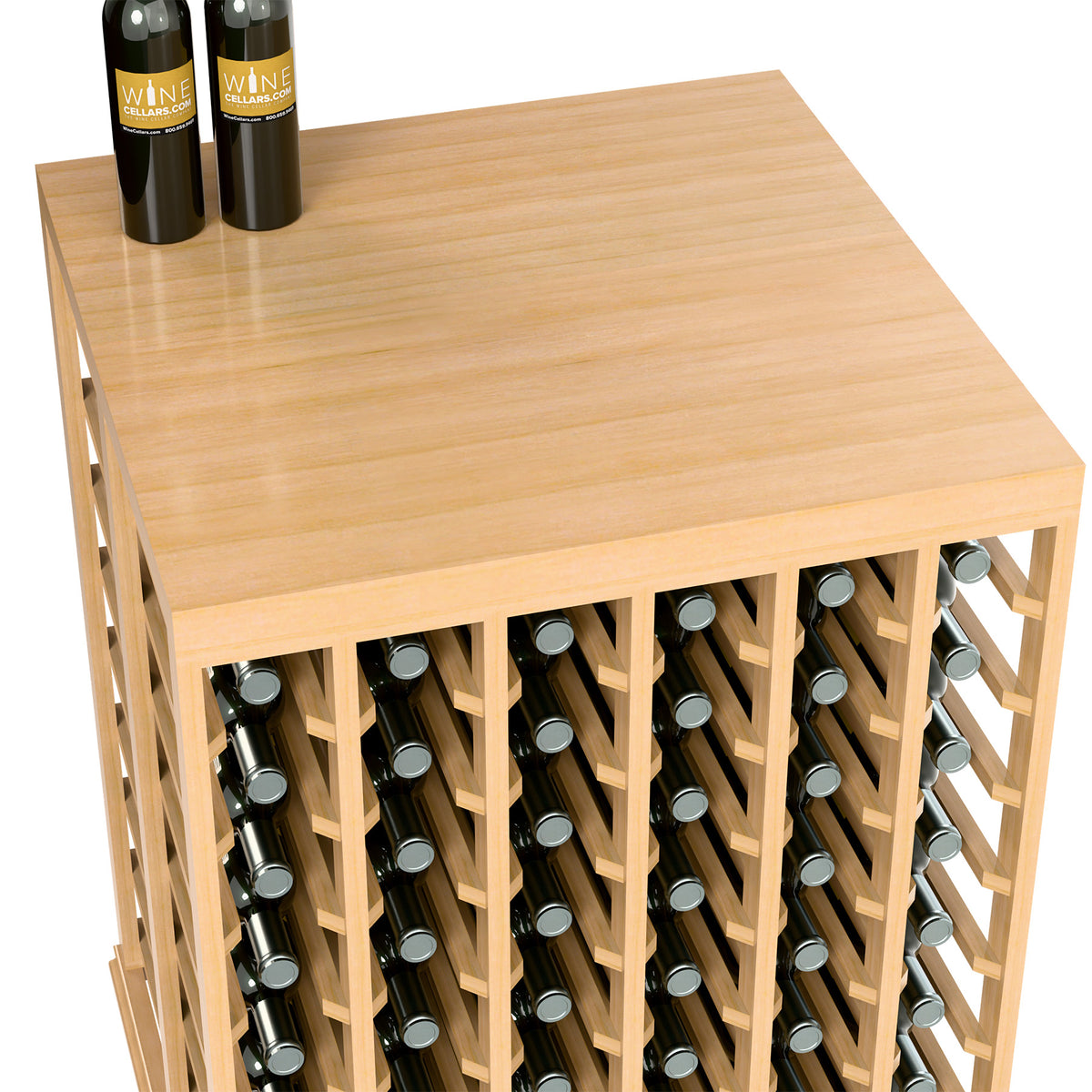 Light wood wine tasting table with solid top and half-height bottle rack, angled view