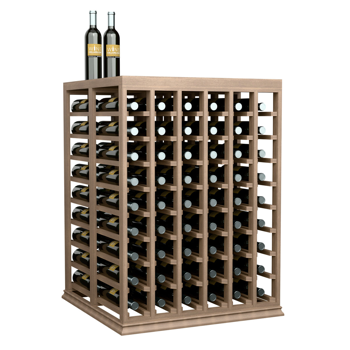 Dark wood double deep wine tasting table with solid top, half-height rack holding bottles