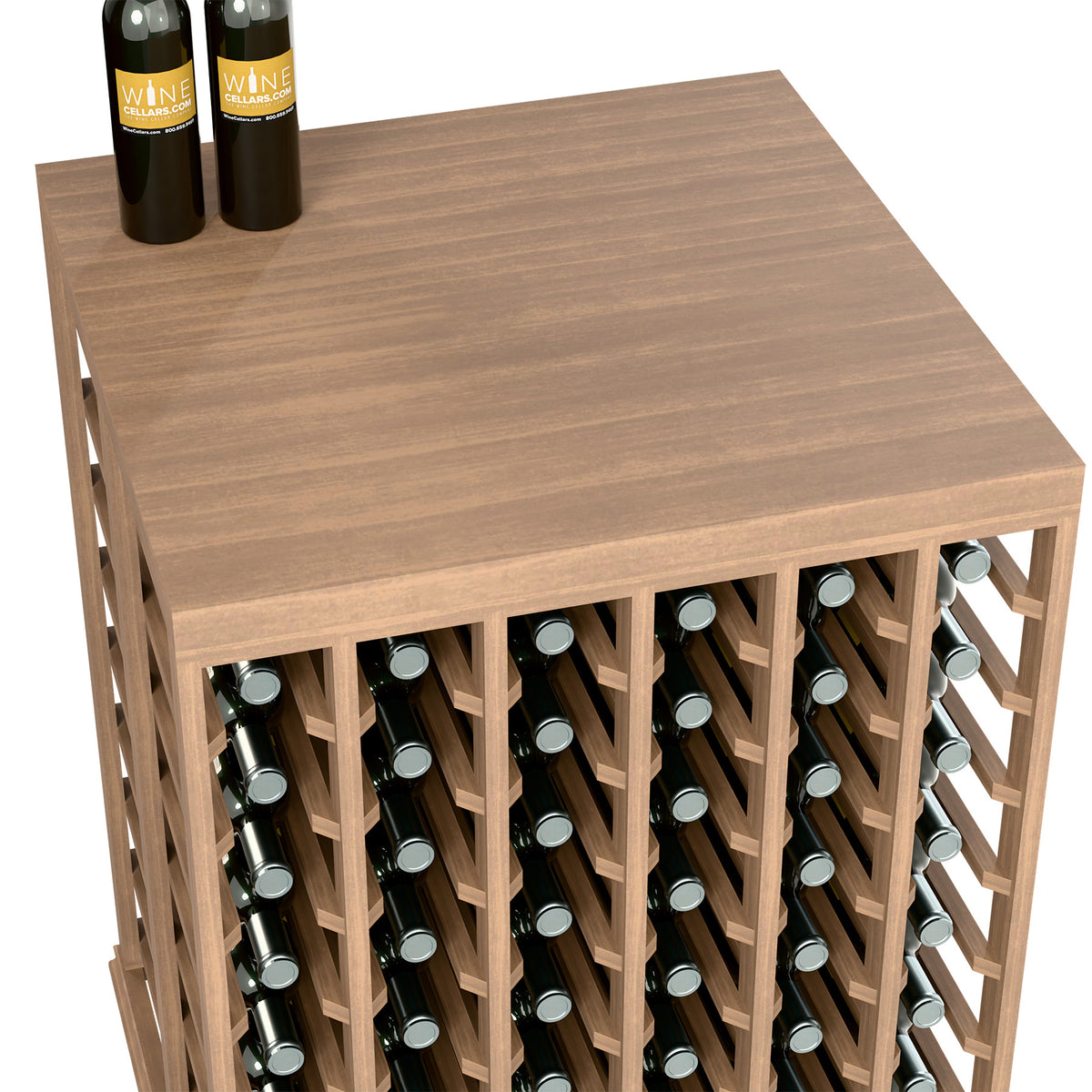 Half-height double wine tasting table with solid wood top and bottle holders, light finish.