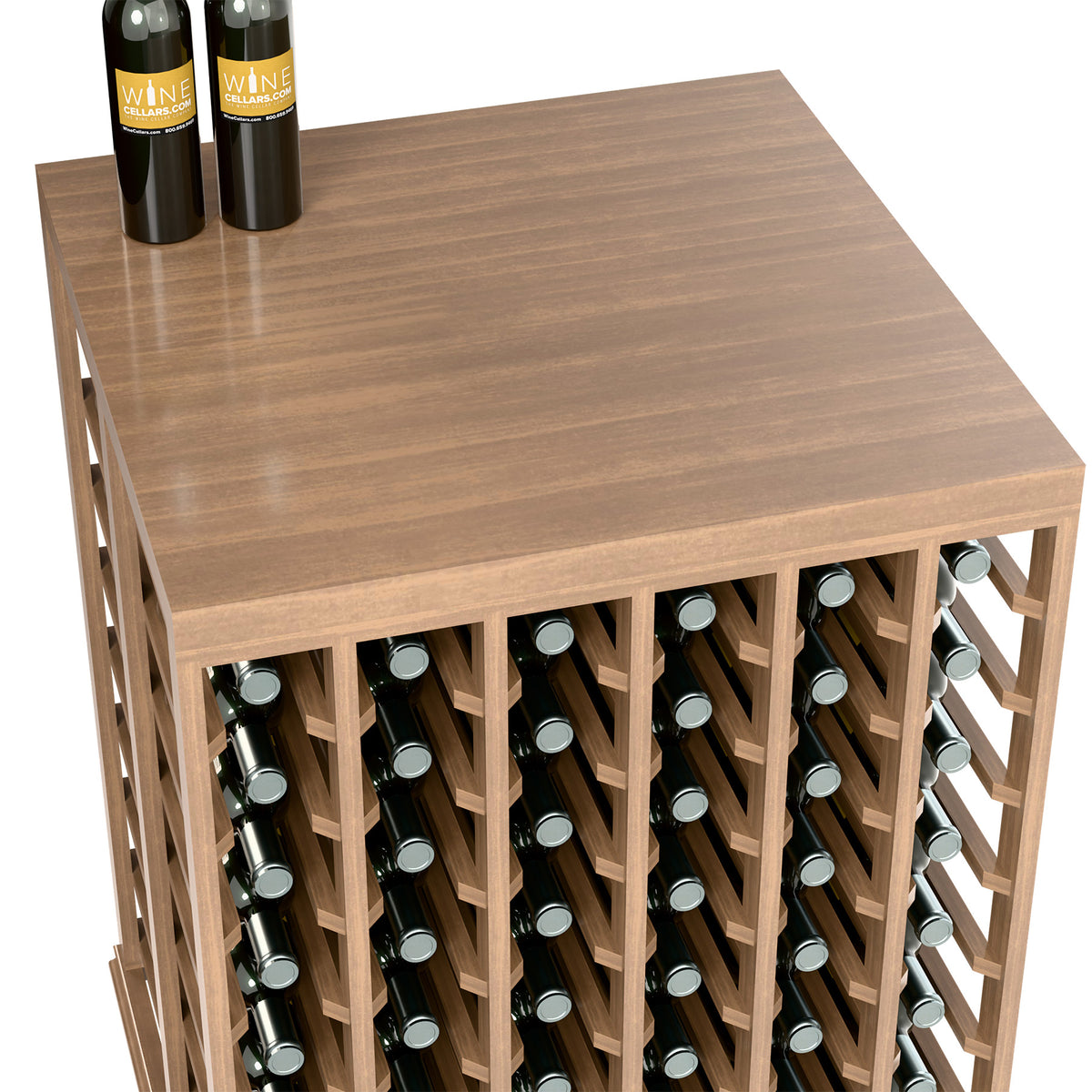 Half-height double wine tasting table with solid wood top and bottle holders, light wood.
