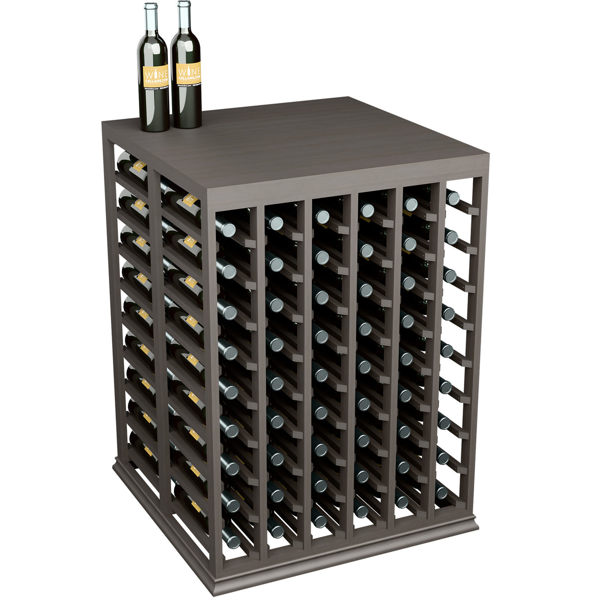 Half-height double wine tasting table with solid wood top and bottle holders, dark wood.