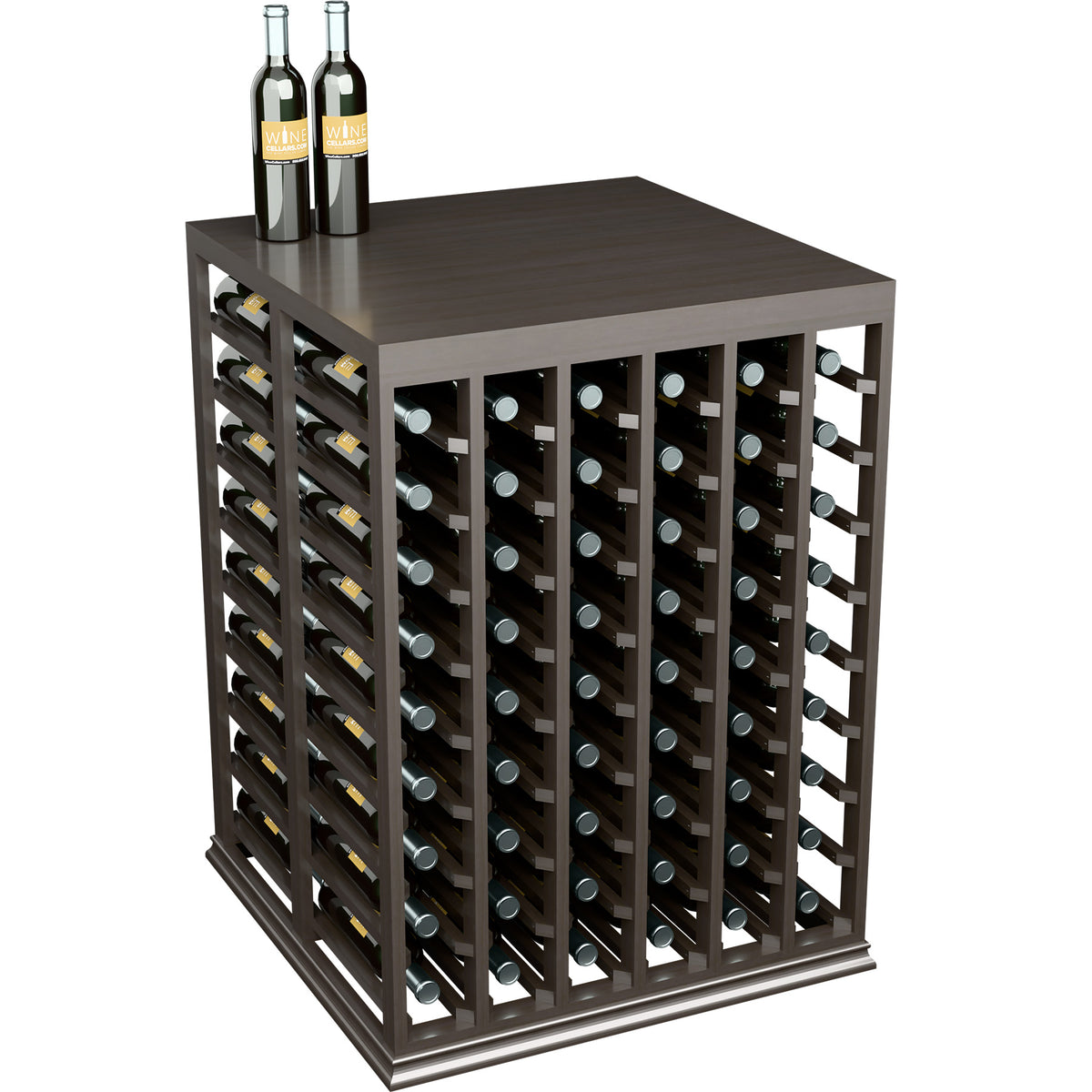 Half-height double wine tasting table with solid wood top and bottle holders, dark finish.