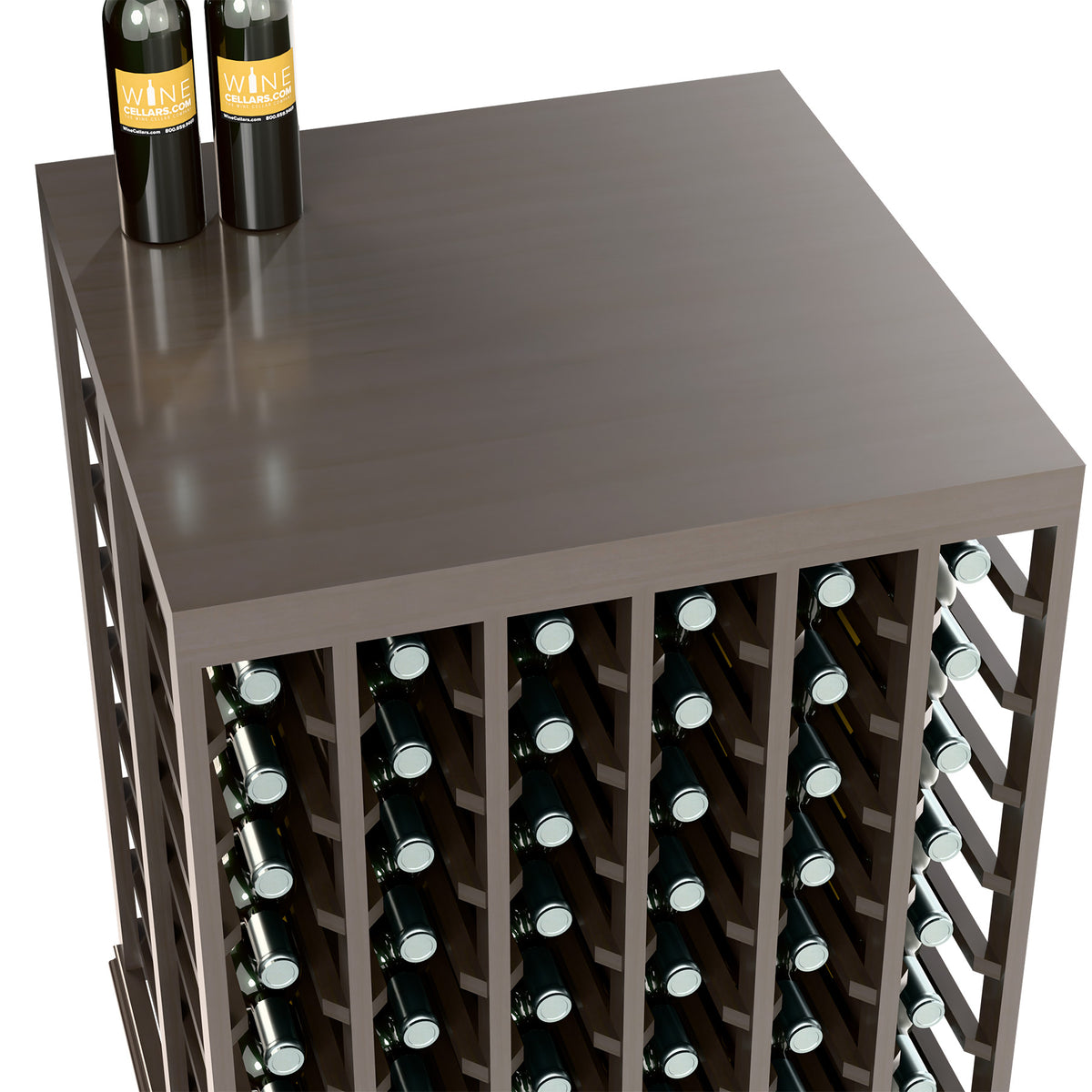 Half-height double wine tasting table with solid wood top and bottle holders, light finish.