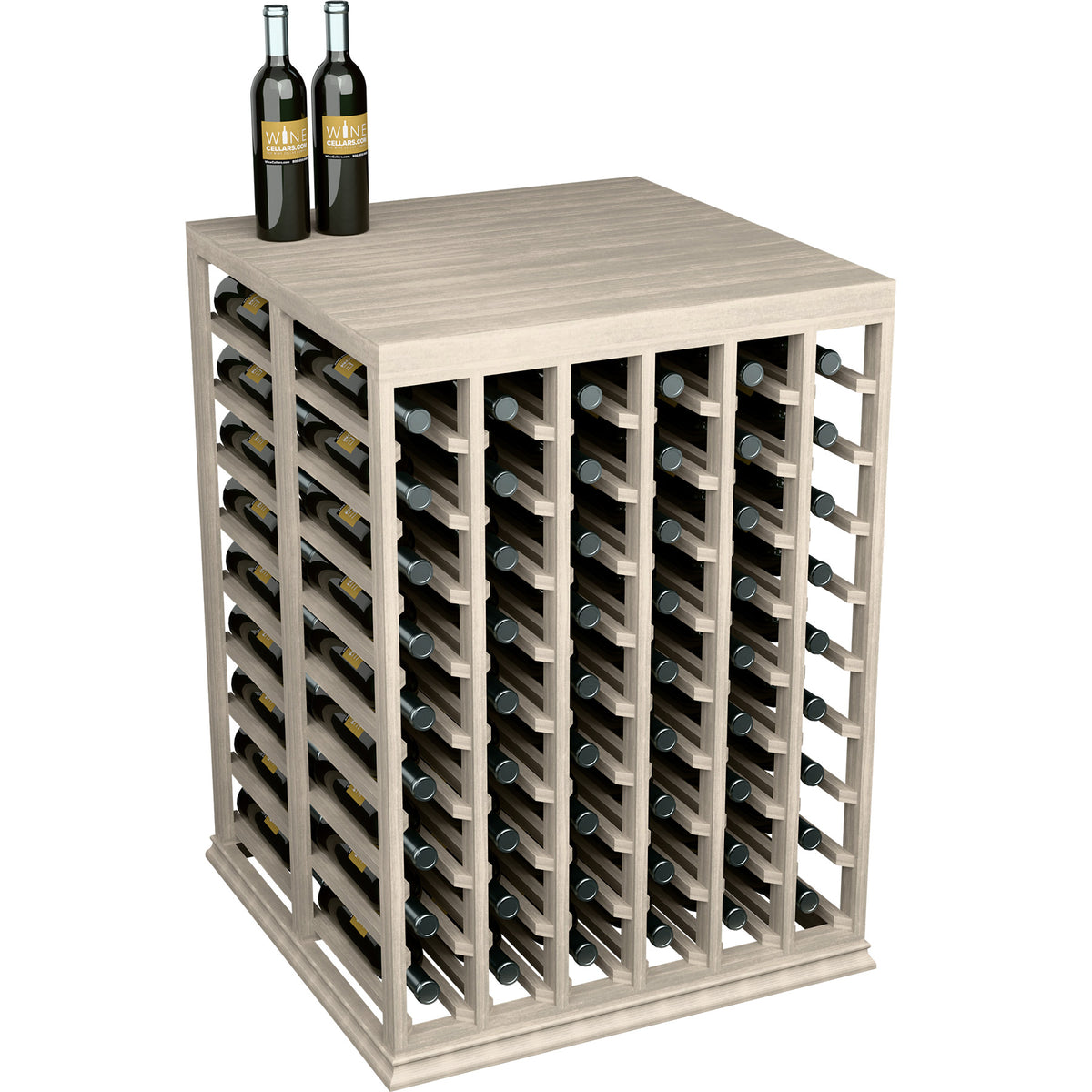 Half-height double deep wine tasting table with solid top and front bottle slots