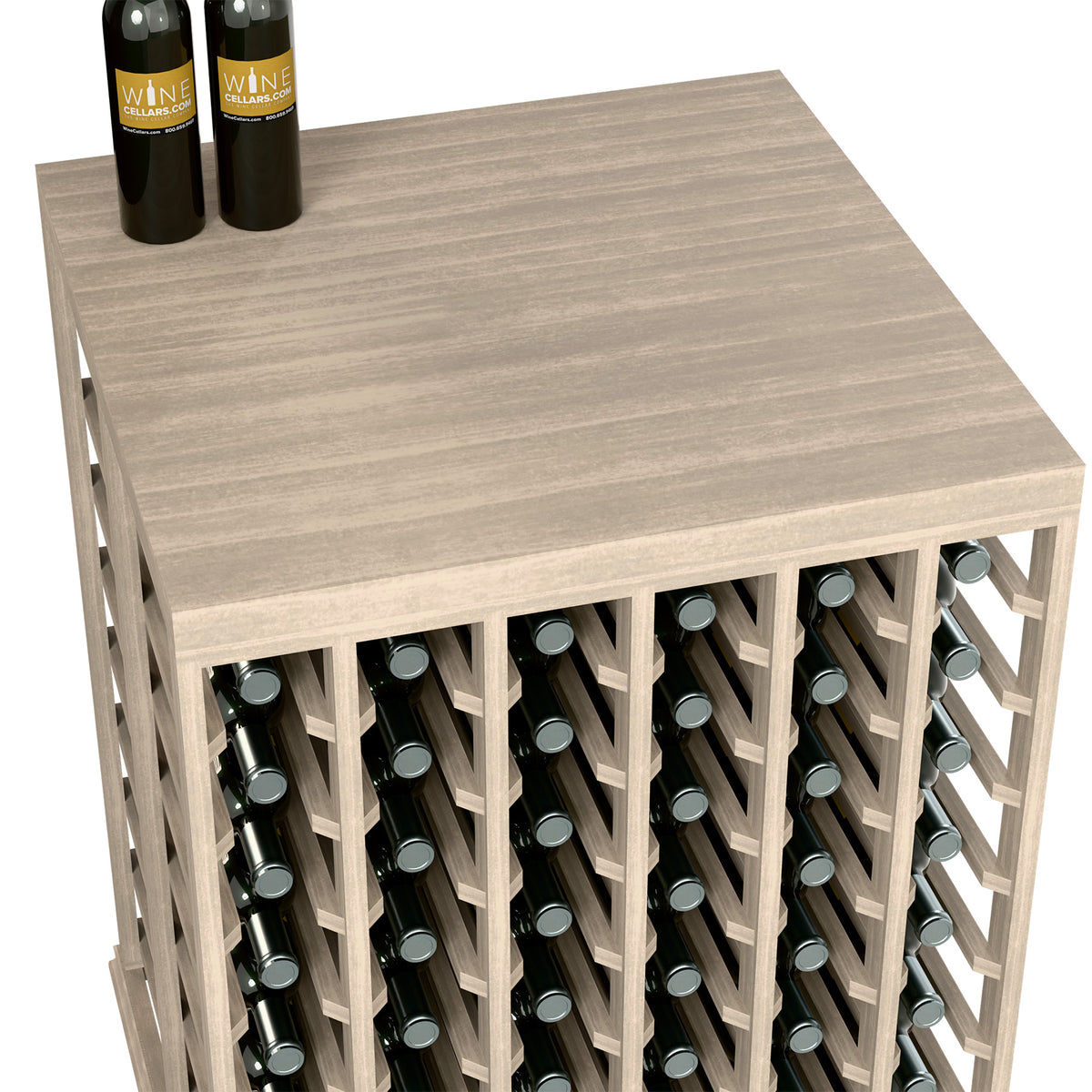 Solid-top half-height wine tasting table showing bottle openings and interior slots