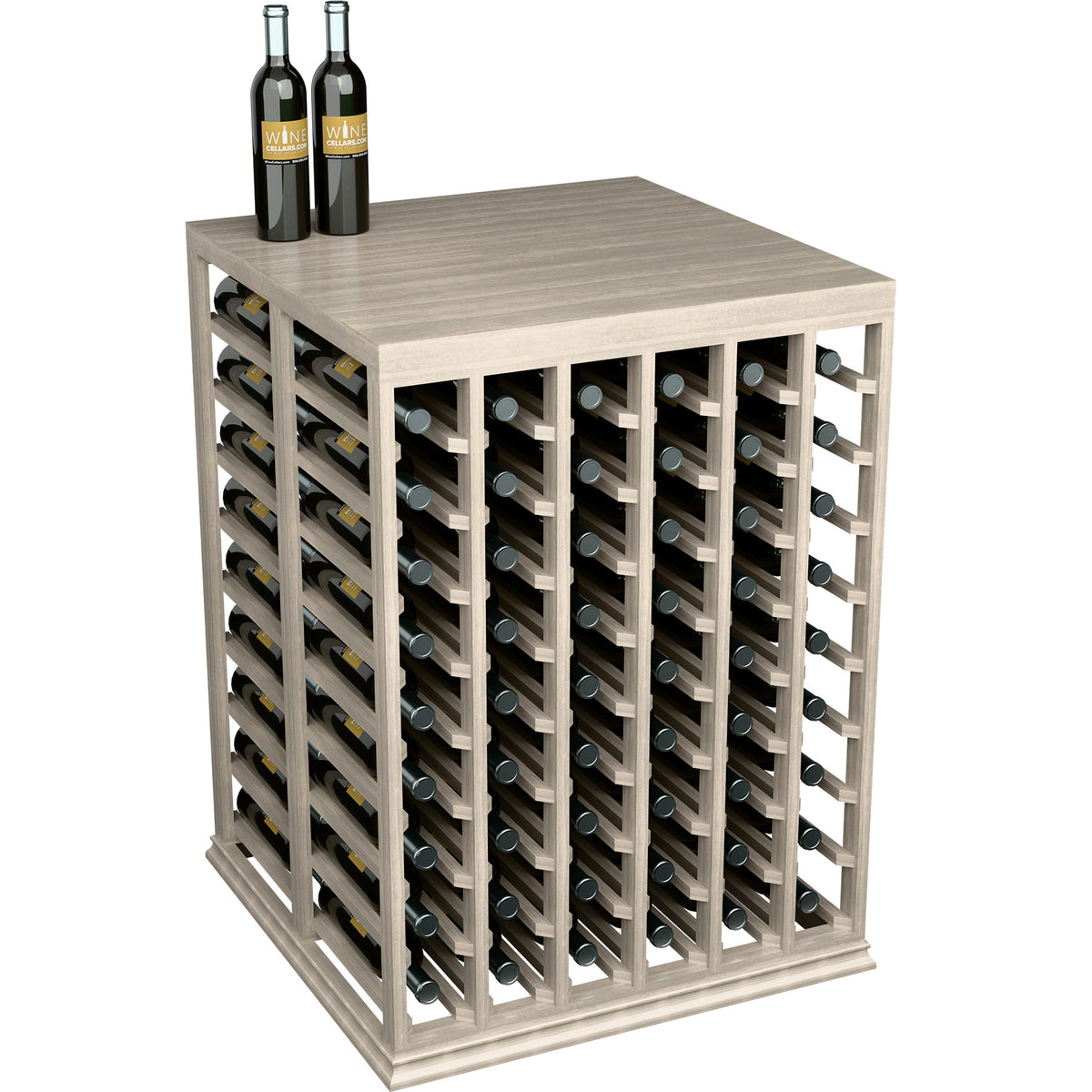 Half-height double deep wine tasting table with solid top and gray-stained wood frame
