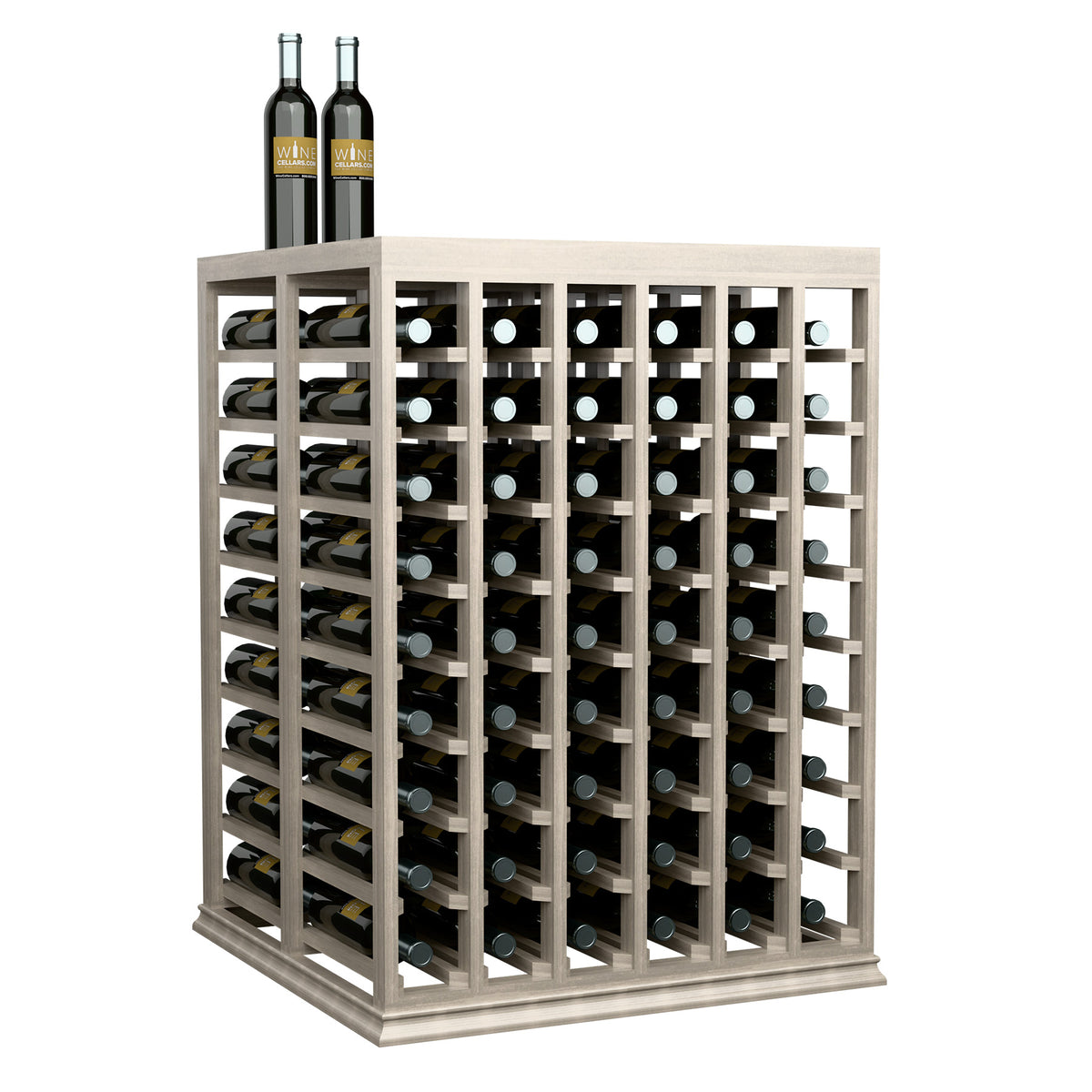 Half-height double deep wine tasting table with solid top and front row bottle holders