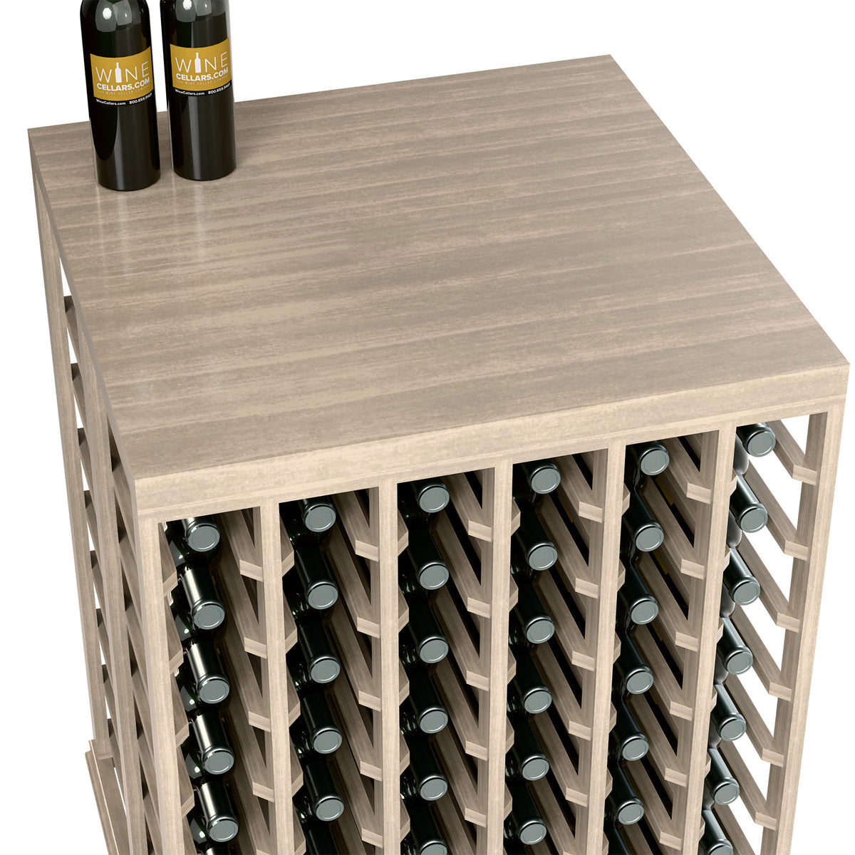 Solid-top half-height wine tasting table with bottle slots and light gray wood finish