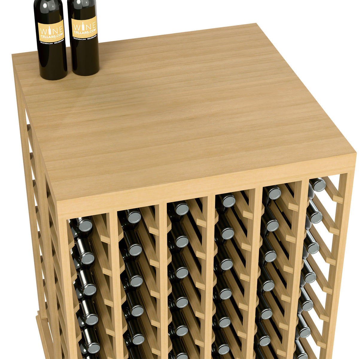 Solid-top half-height wine tasting table with light wood sides and bottle openings