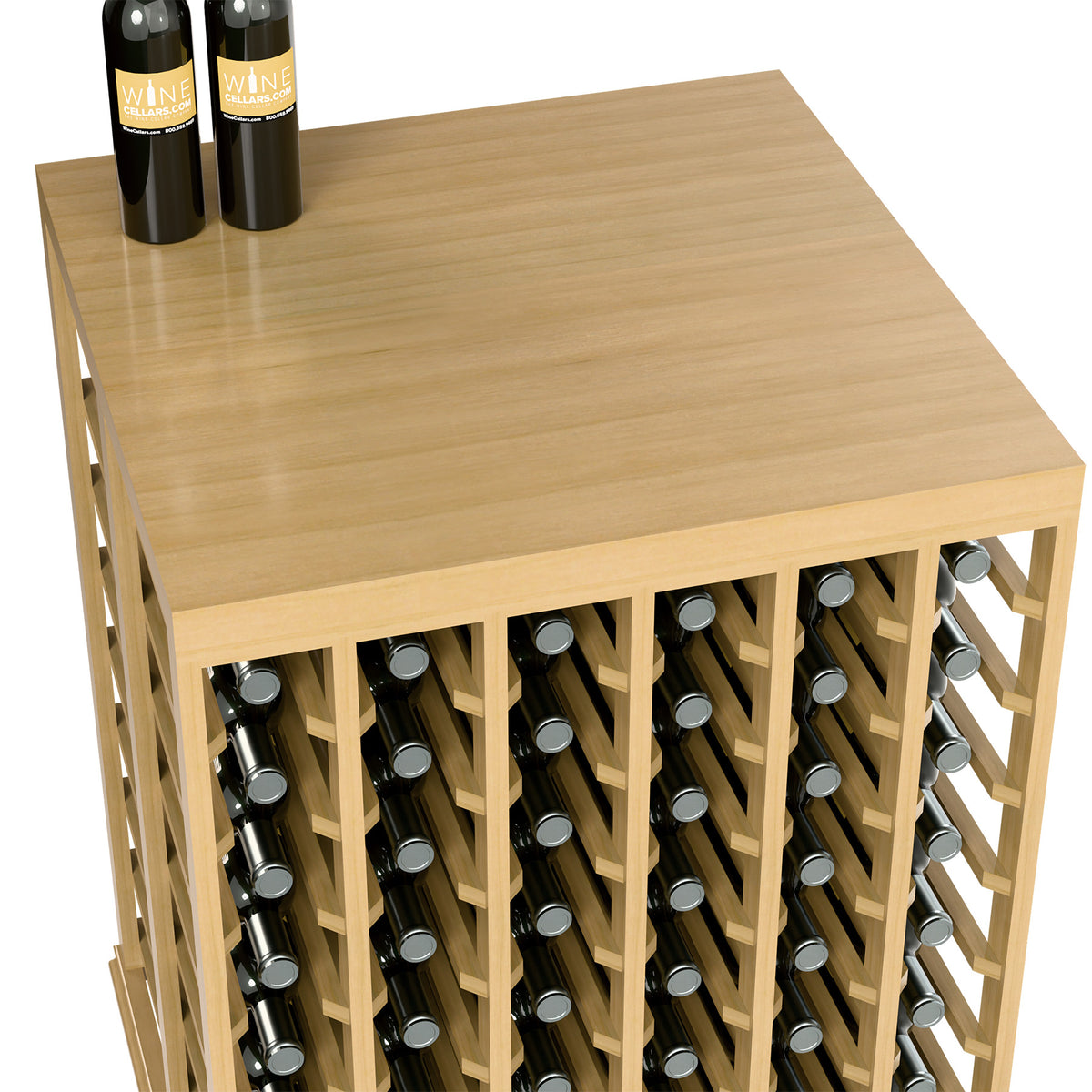 Light wood wine table with solid top and front rows of bottle slots