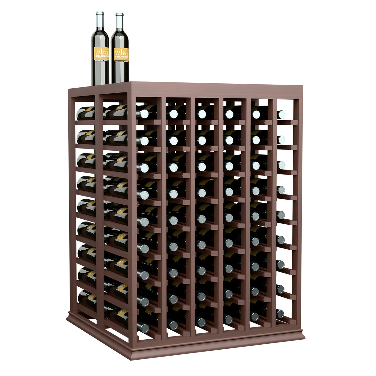 Dark wood wine tasting table with solid top, slatted sides, and bottle storage