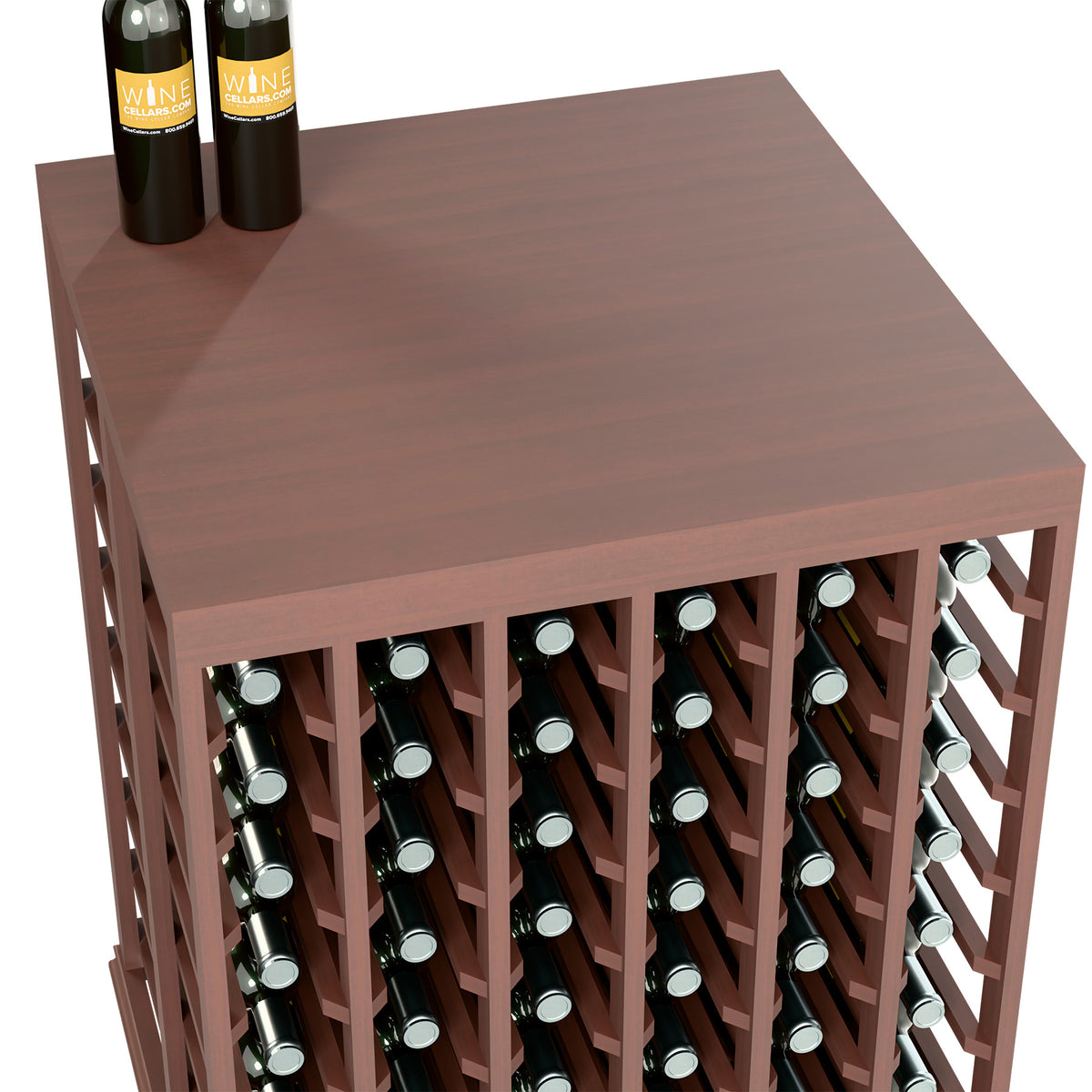 Dark wood wine table with solid top and front rows of bottle slots