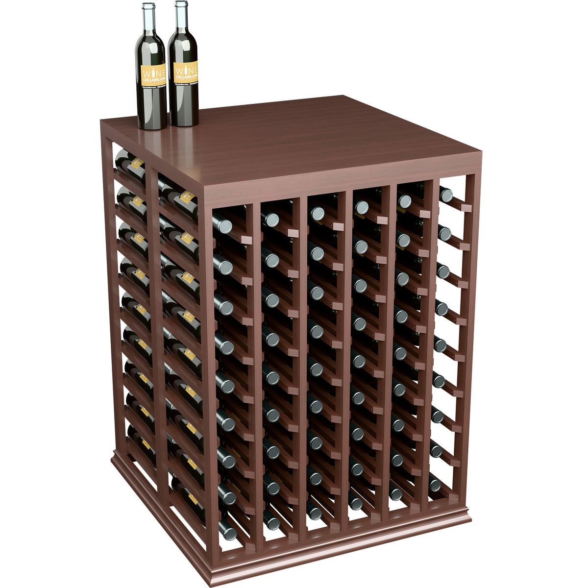 Dark wood wine tasting table with solid top and enclosed front wine bottle slots
