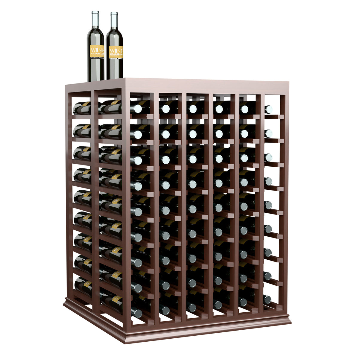 Light wood wine tasting table with solid top, slatted sides, and wine bottle racks