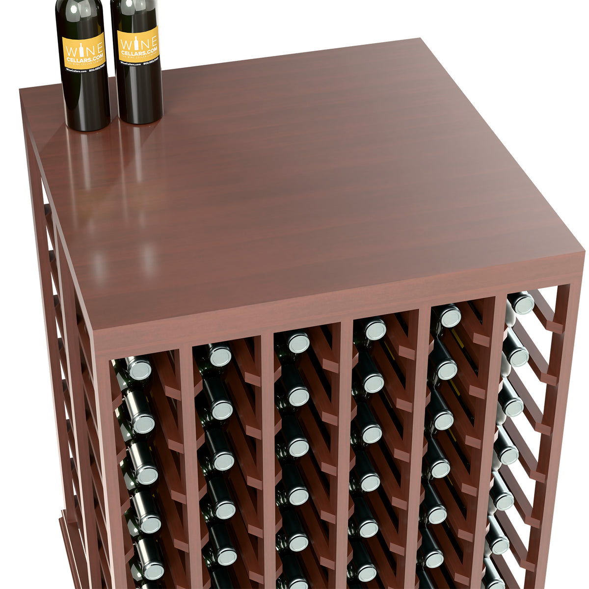 Dark wood wine table with solid top and front and side rows of bottle slots