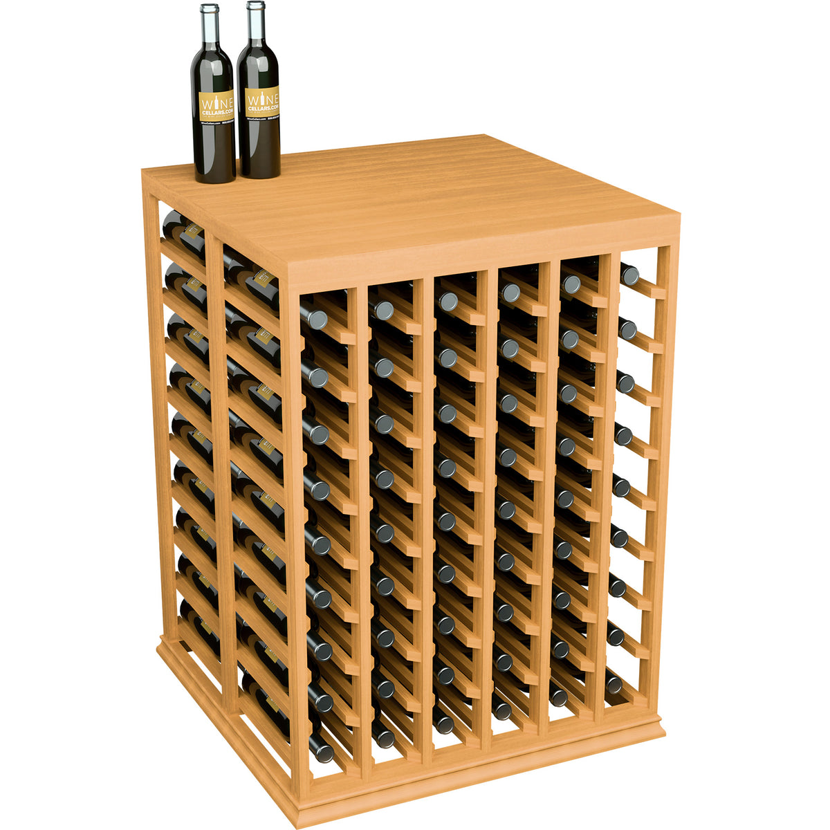 Light wood wine tasting table with solid top and front wine bottle storage grid