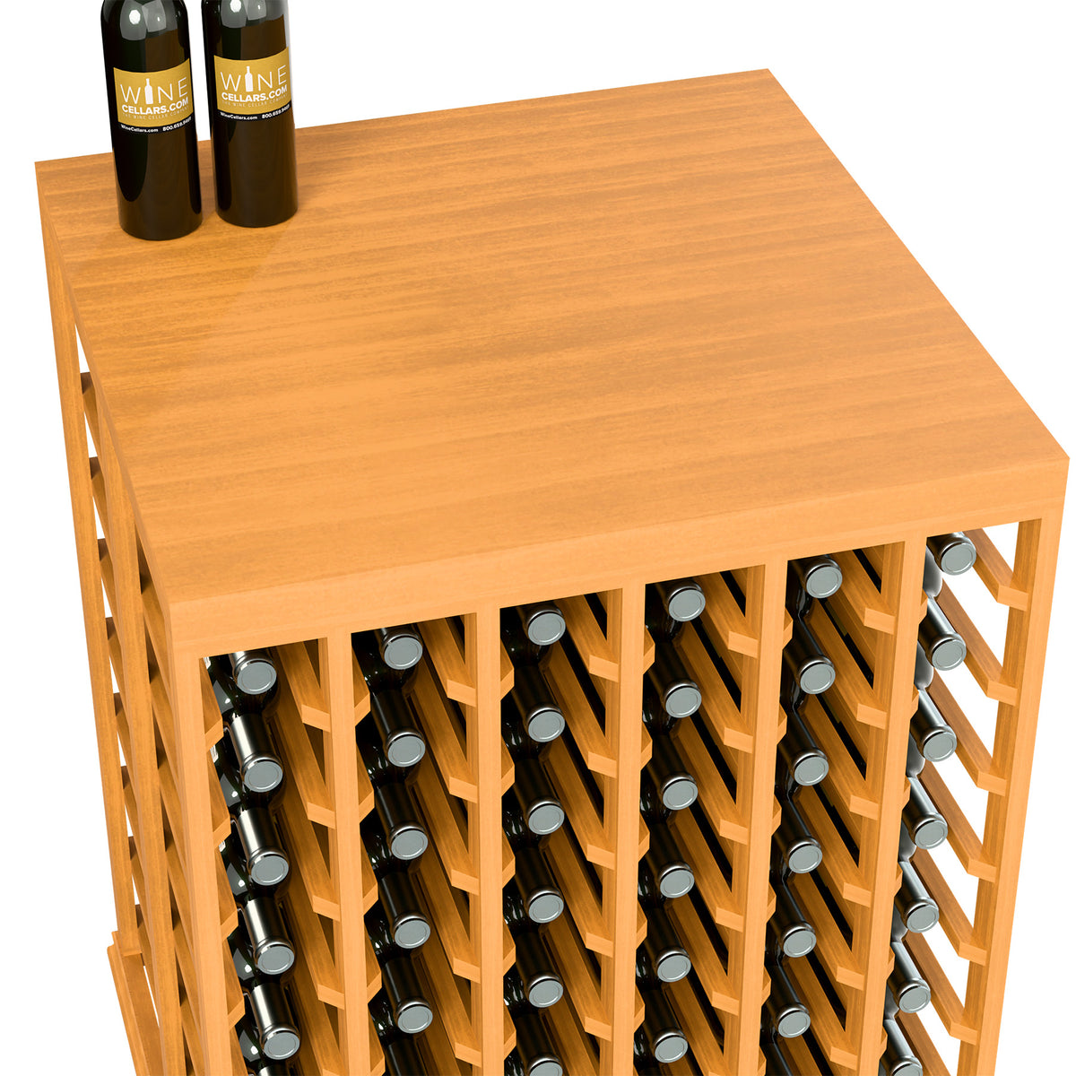 Light wood wine bottle tasting table with half-height design and front bottle slots