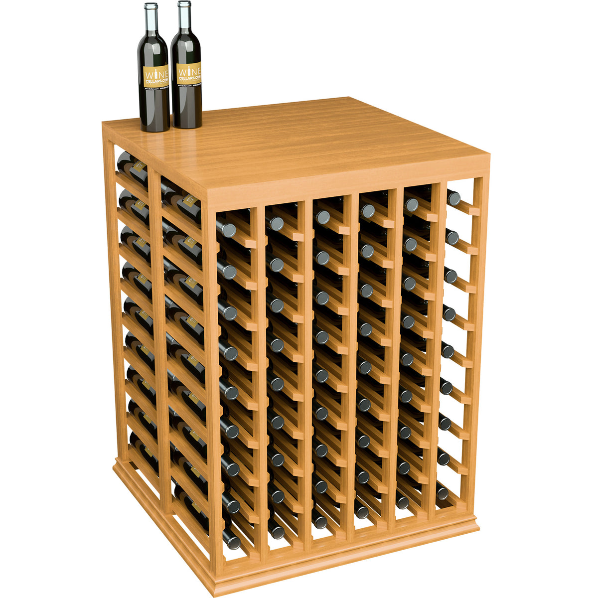 Light wood double-deep wine rack with two rows of bottle holders on the front