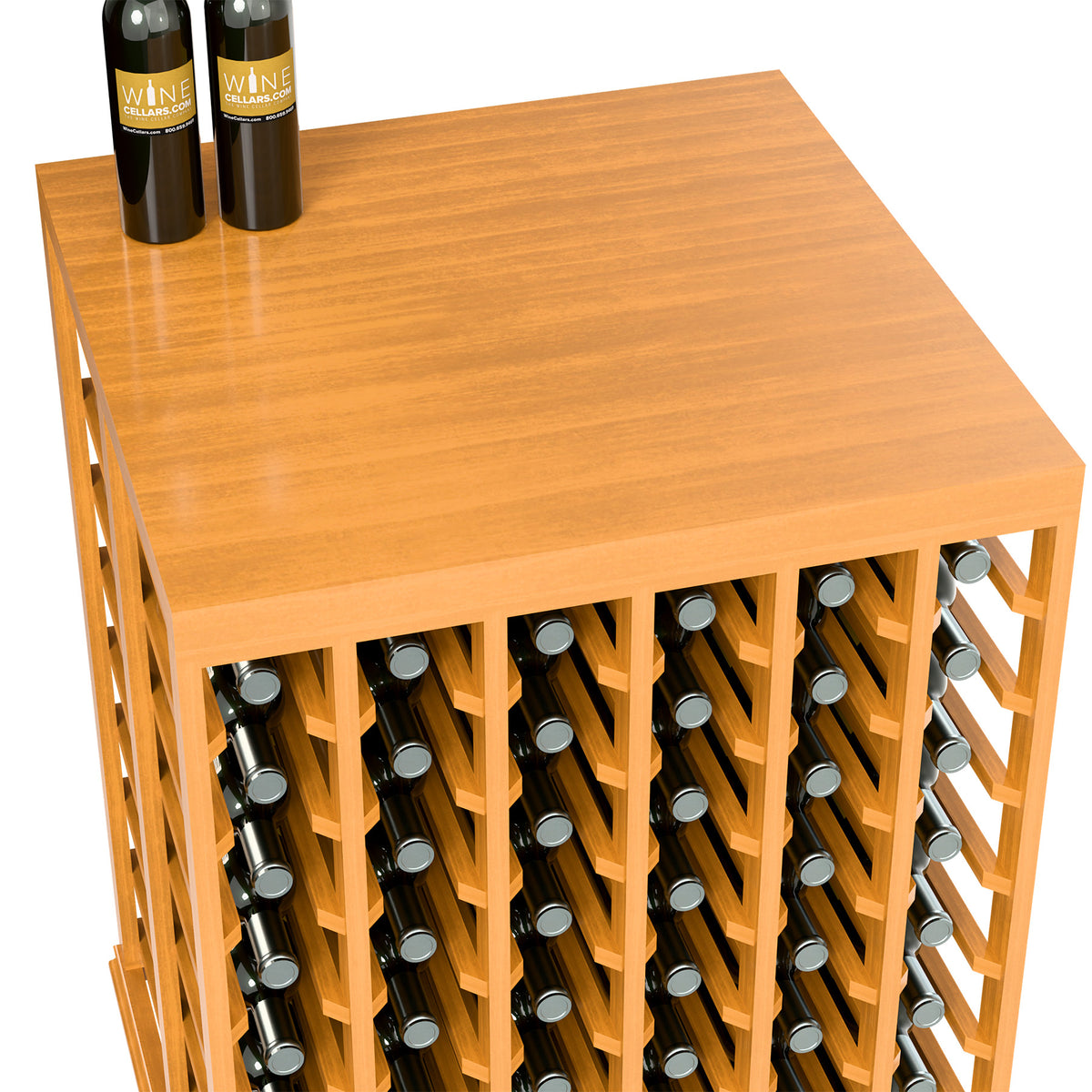 Light wood half-height wine tasting table with front bottle slots and angled side panels