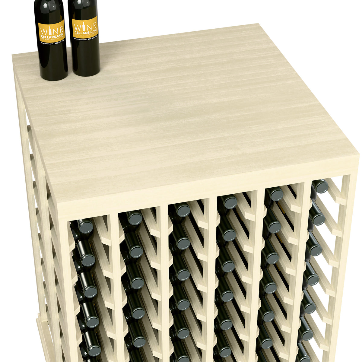 Light wood half-height wine tasting table with bottle slots and two bottles on top