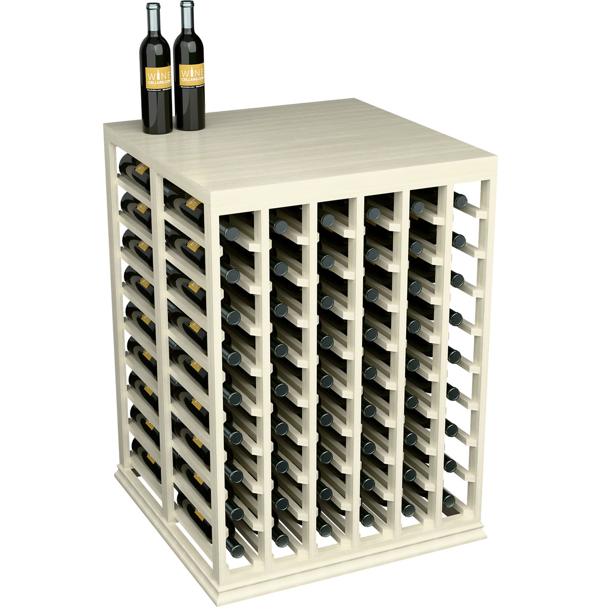 Whitewashed wine bottle rack table with front compartments for bottles and open sides