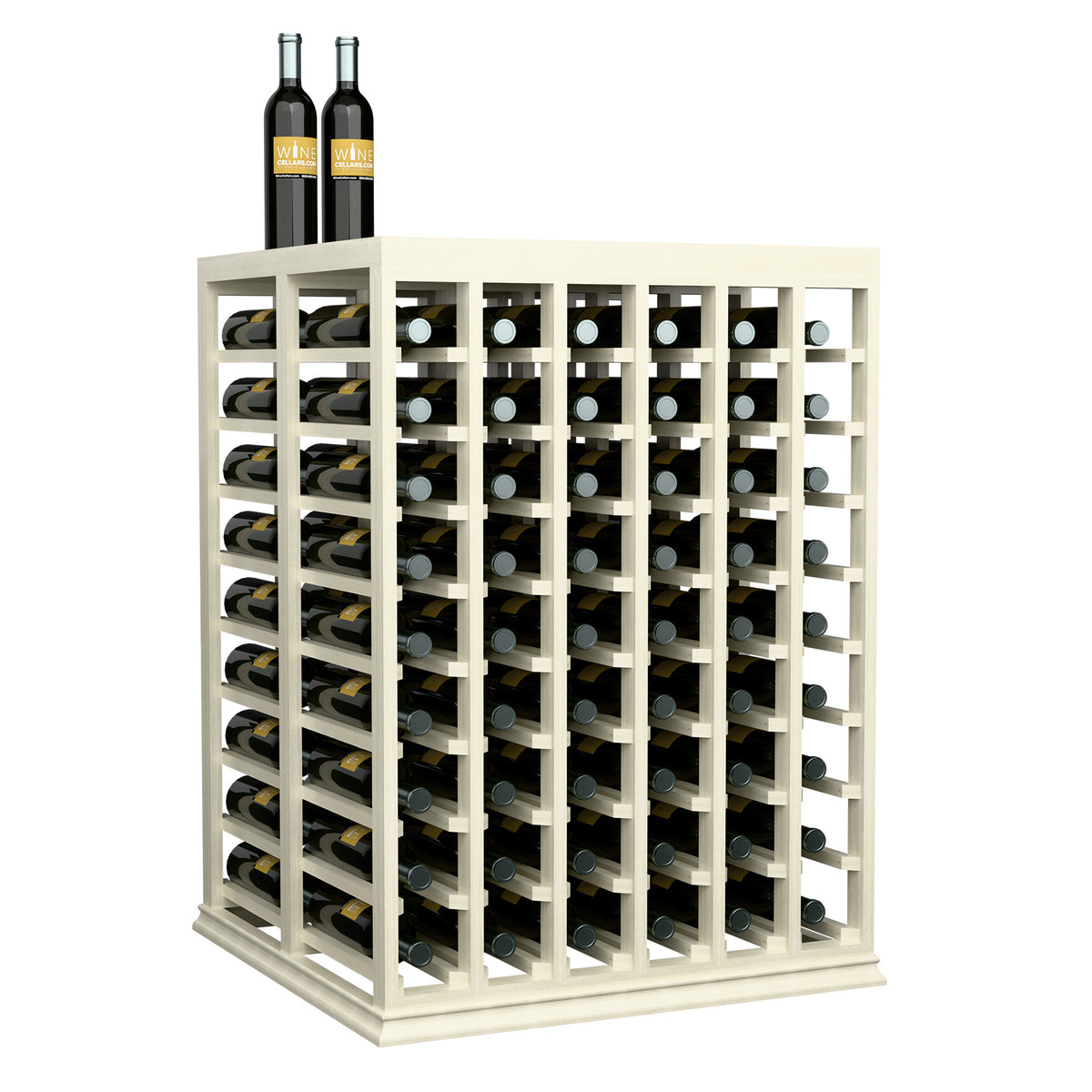 Whitewashed double-deep wine rack table with square frame and front bottle slots