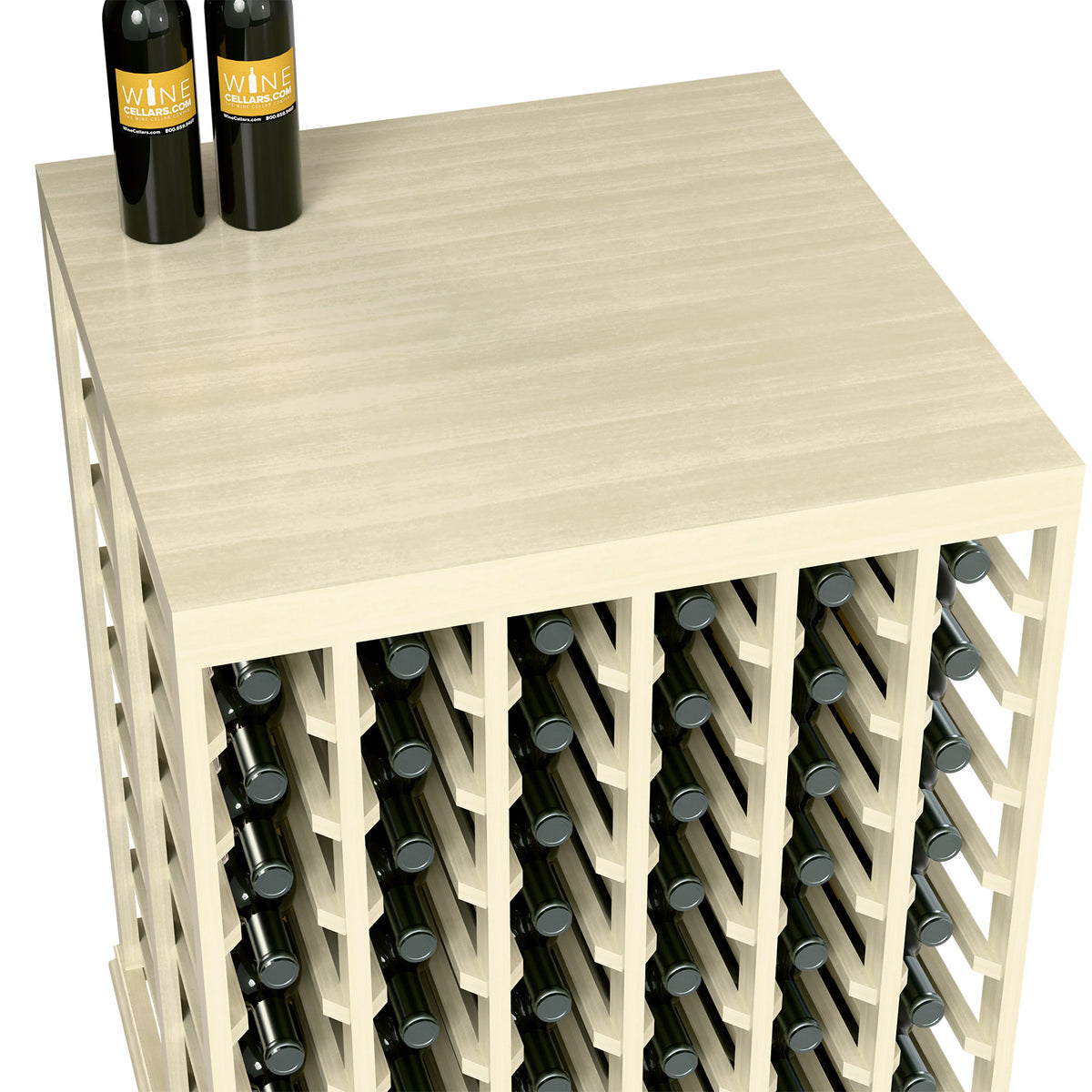 Light wood half-height wine tasting table with side bottle slots and two bottles on top