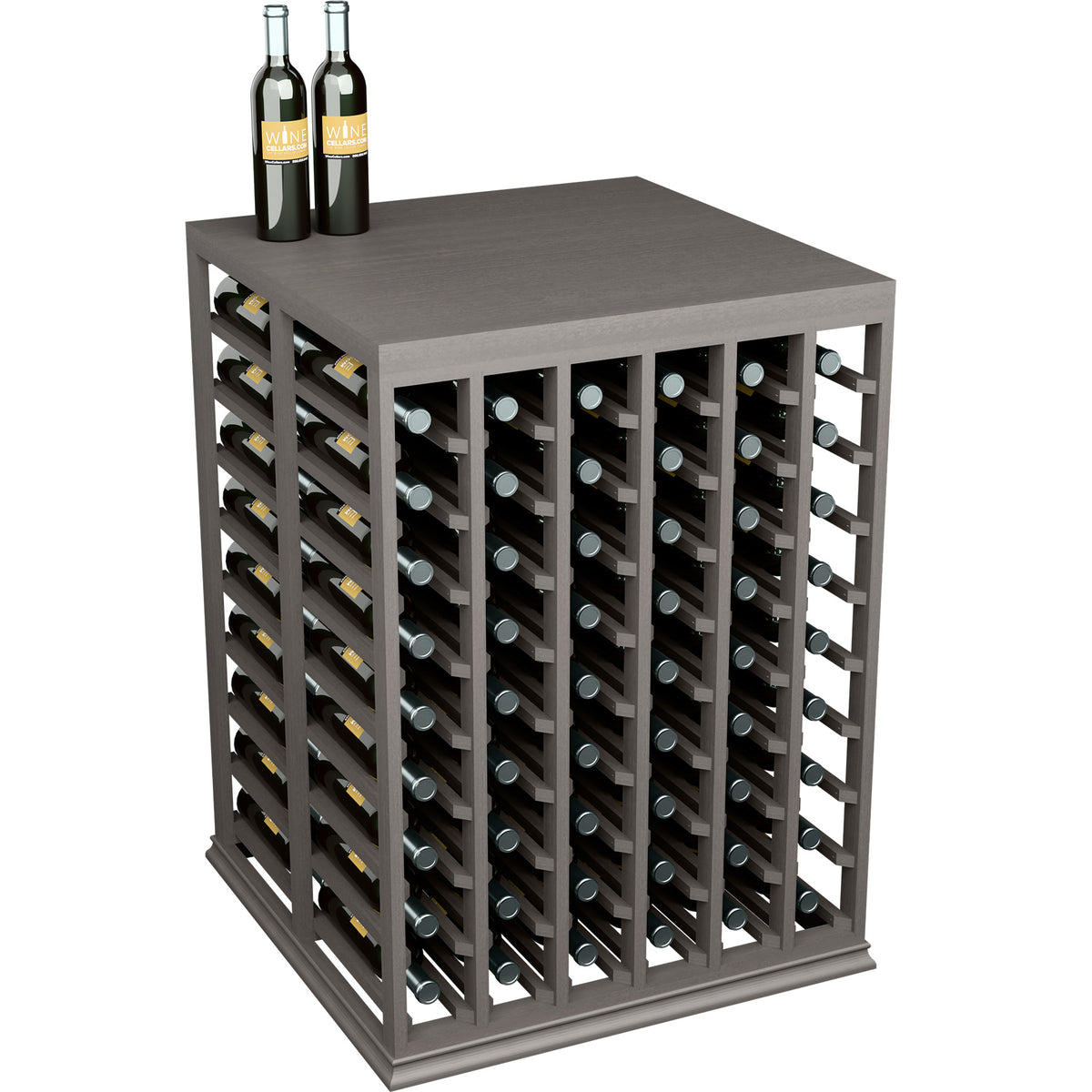 Double deep tasting table with solid top and bottle rack, dark gray wood, holds wine bottles