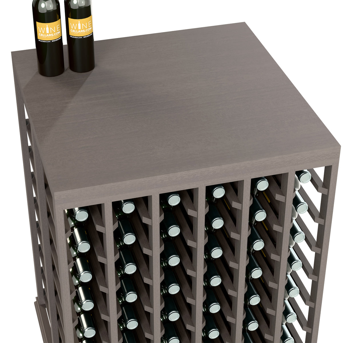 Double deep tasting table with solid top and bottle slots, gray finish, front rack detail