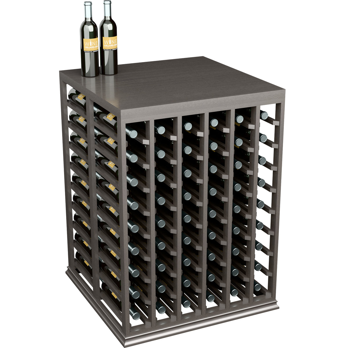 Double deep tasting table with solid top and bottle rack, dark gray wood, angled front view