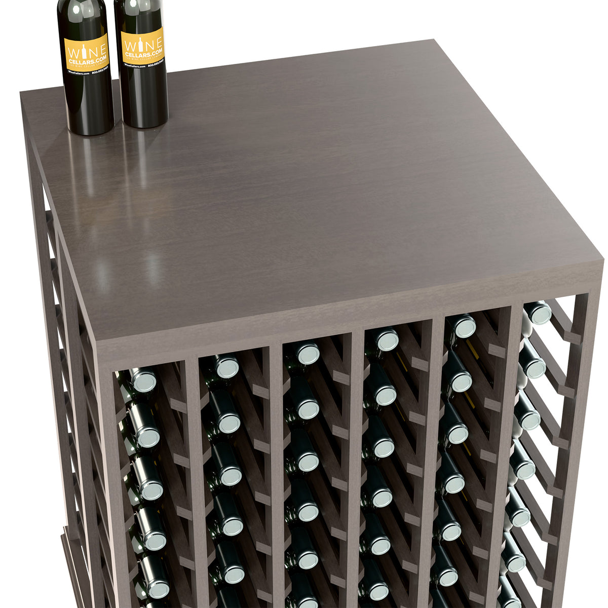 Double deep tasting table with solid top and bottle slots, gray finish, close-up front rack