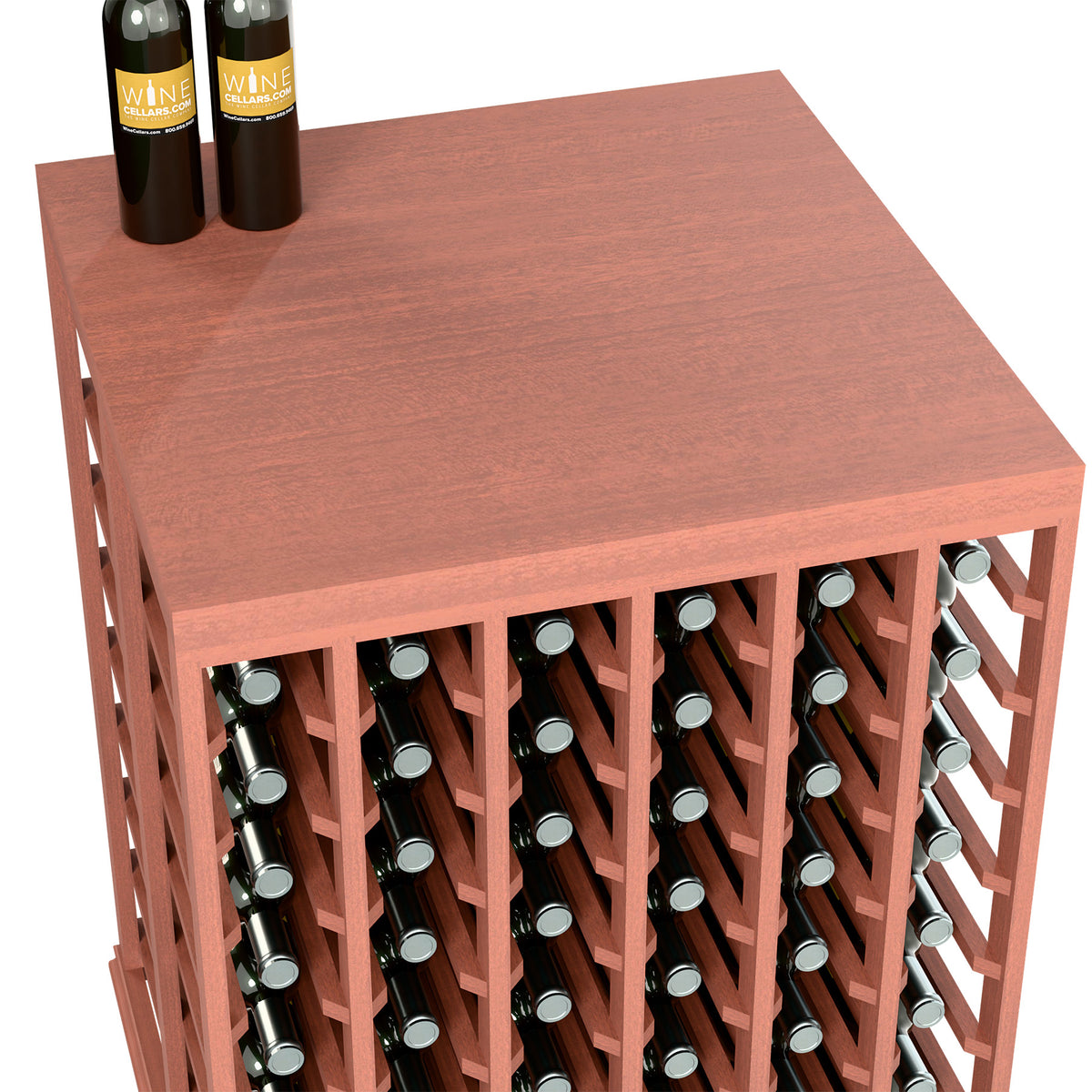 Double deep tasting table with solid top and bottle slots, reddish-brown finish, rack close-up