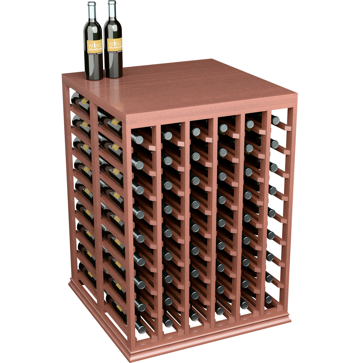 Double deep tasting table with solid top and bottle rack, reddish-brown wood, holds wine bottles
