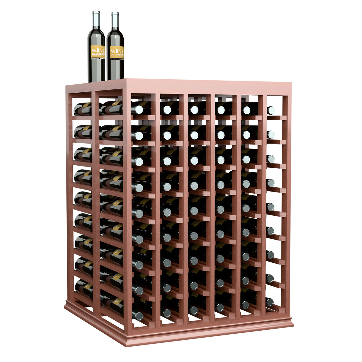 Wine tasting table with solid top and half-height wine rack, dark wood finish